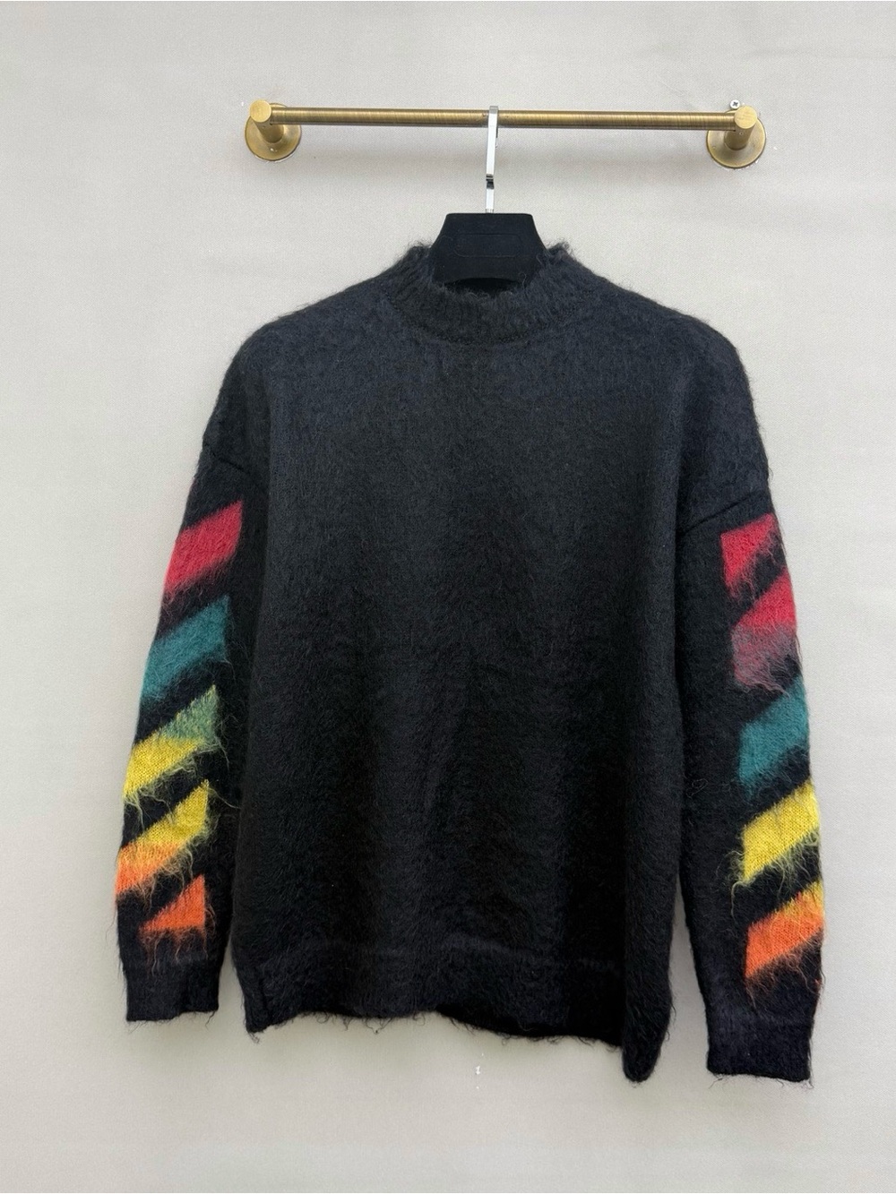 Off-White Black Crewneck Sweater with Multicolor Chevron Sleeves